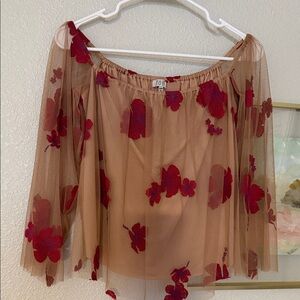Tobi Beige and Pink Floral Mesh Blouse